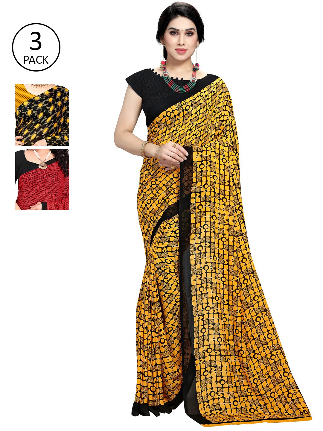 

KALINI Pack Of 3 Mustard Yellow & Black Saree