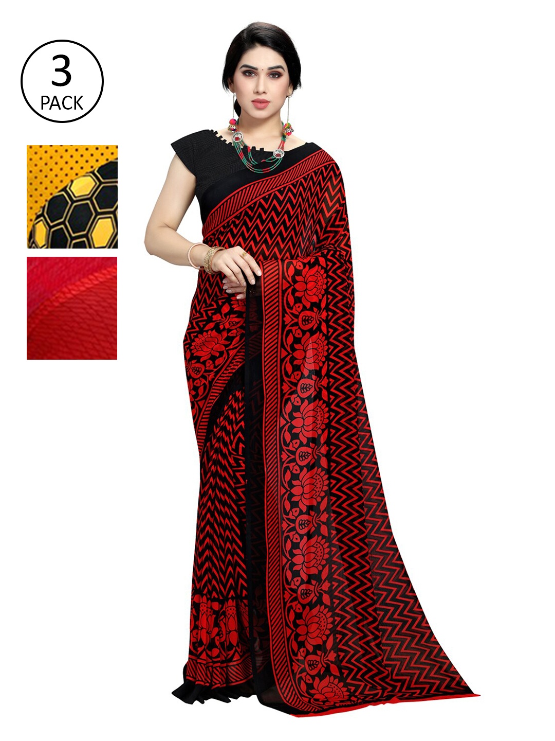 

KALINI Pack of 3 Poly Georgette Printed Sarees, Red