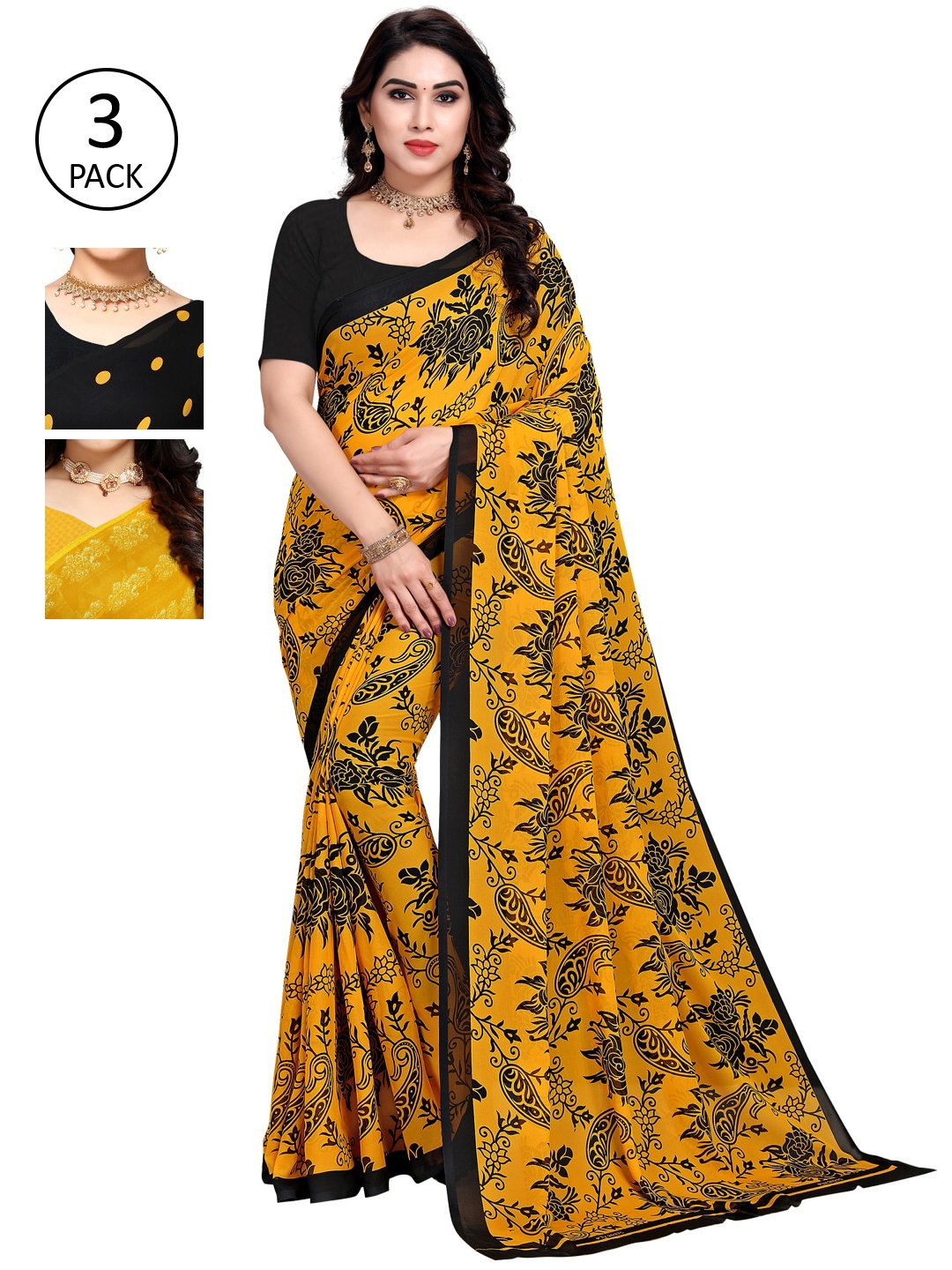 

KALINI Pack Of 3 Printed Sarees, Yellow