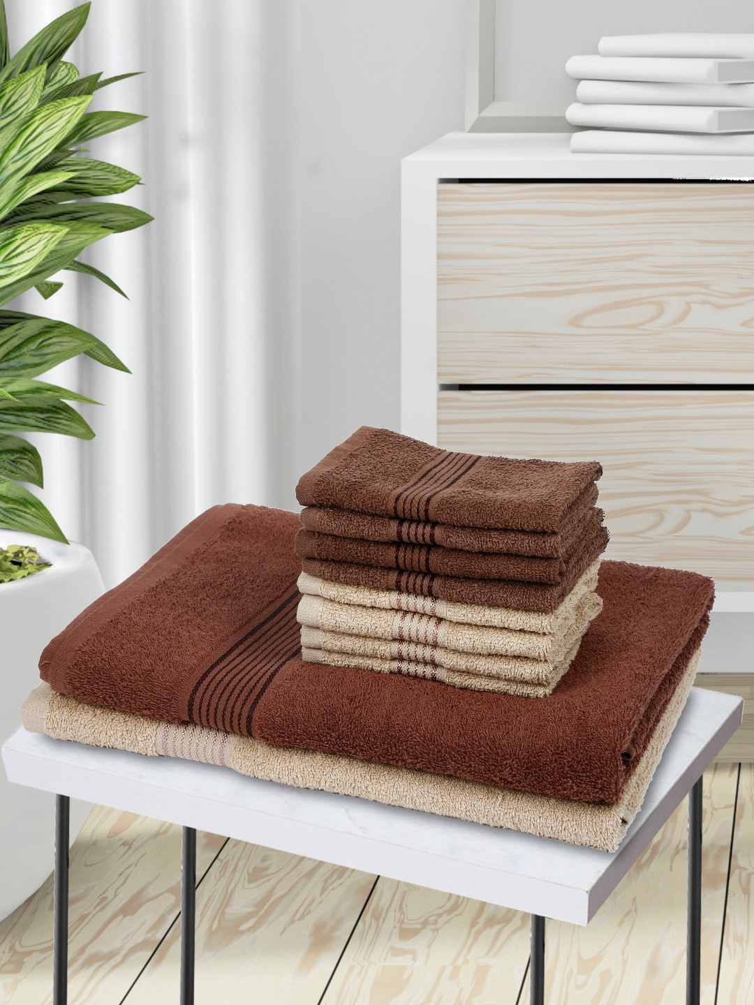 

KOPA Set Of 10 Brown Solid 500 GSM Pure Cotton Towel Set