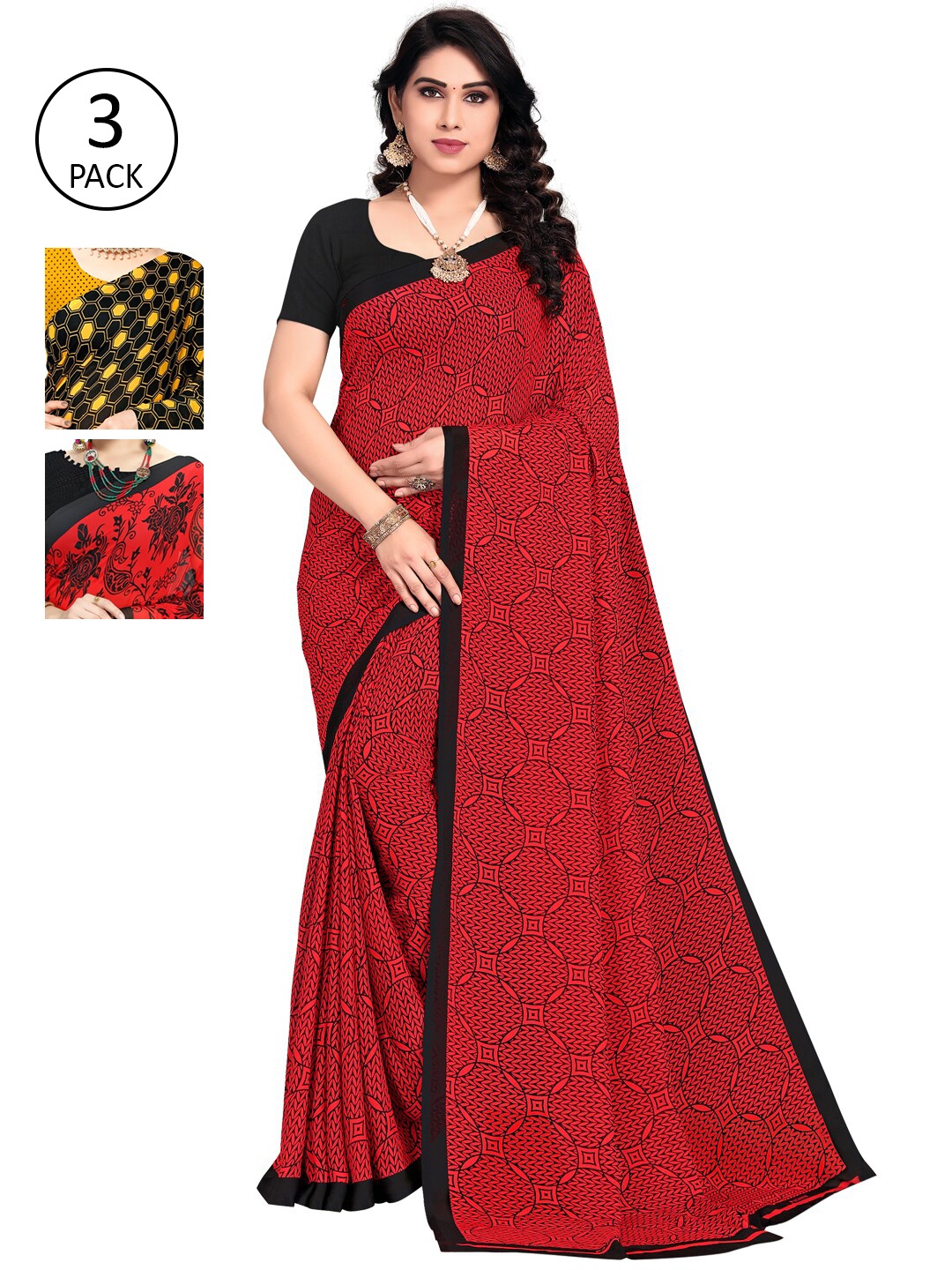 

KALINI Pack Of 3 Yellow & Black Saree