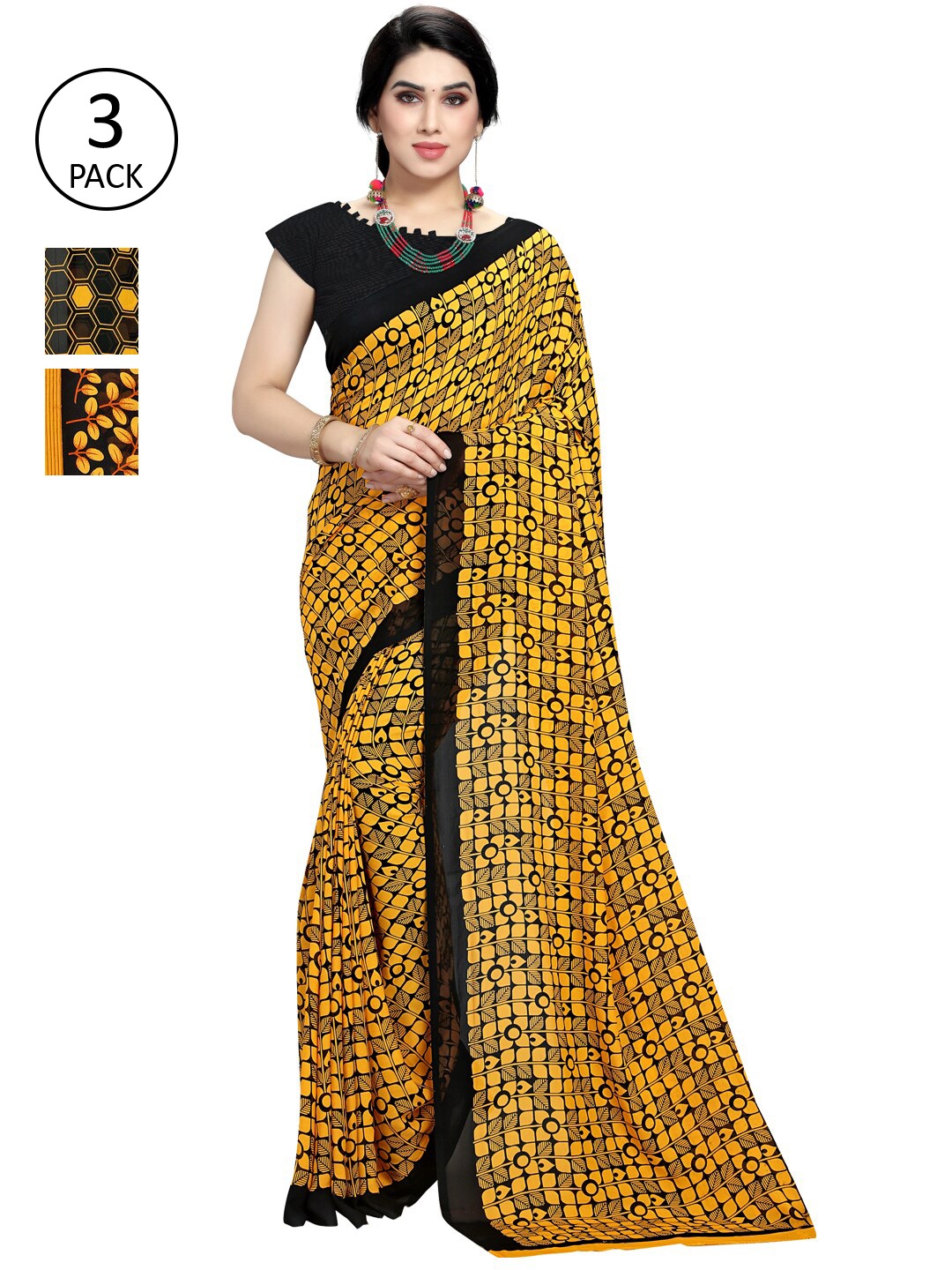 

KALINI Pack of 3 Poly Georgette Printed Sarees, Mustard
