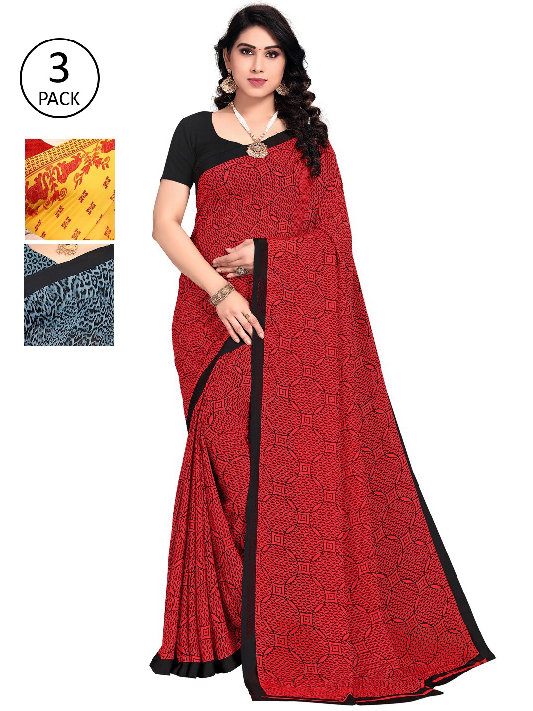 

KALINI Pack of 3 Printed Poly Georgette Saree, Multi
