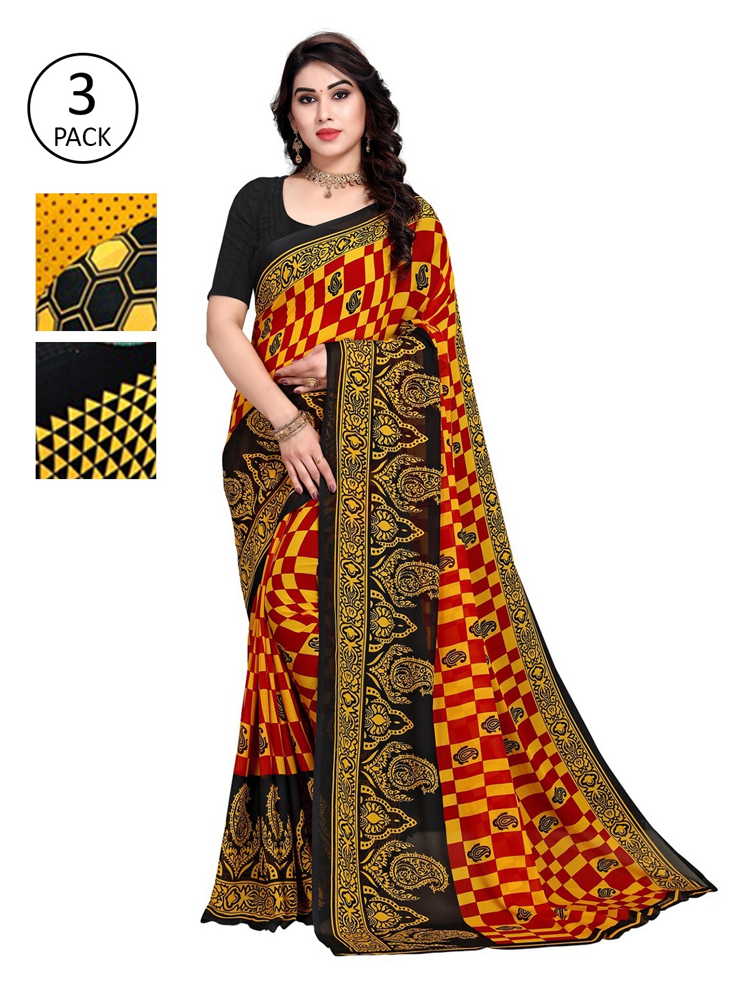 

KALINI Pack of 3 Yellow & Black Printed Saree