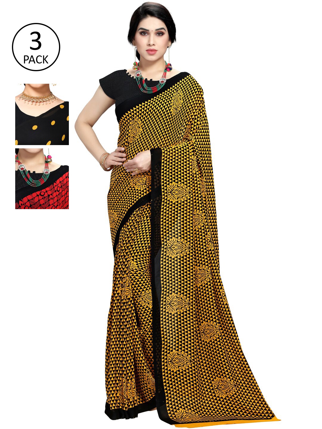 

KALINI Pack of 3 Red & Black Saree