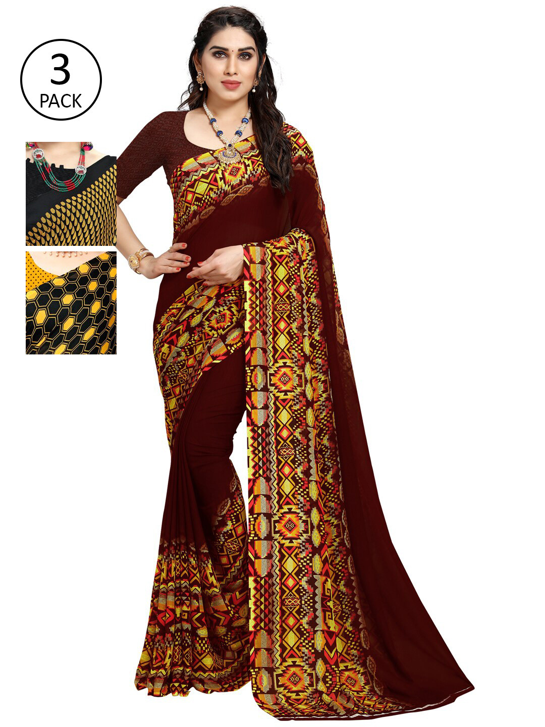 

KALINI Pack of 3 Poly Georgette Saree, Burgundy