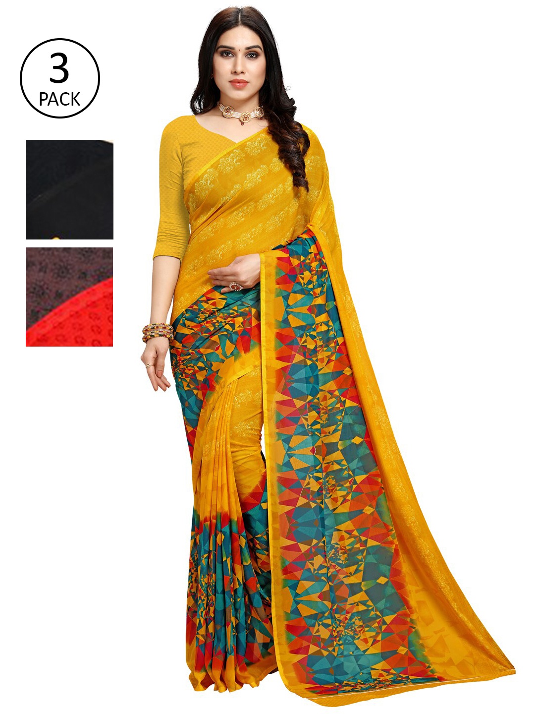 KALINI Pack Of 3 Red & Mustard Yellow Saree