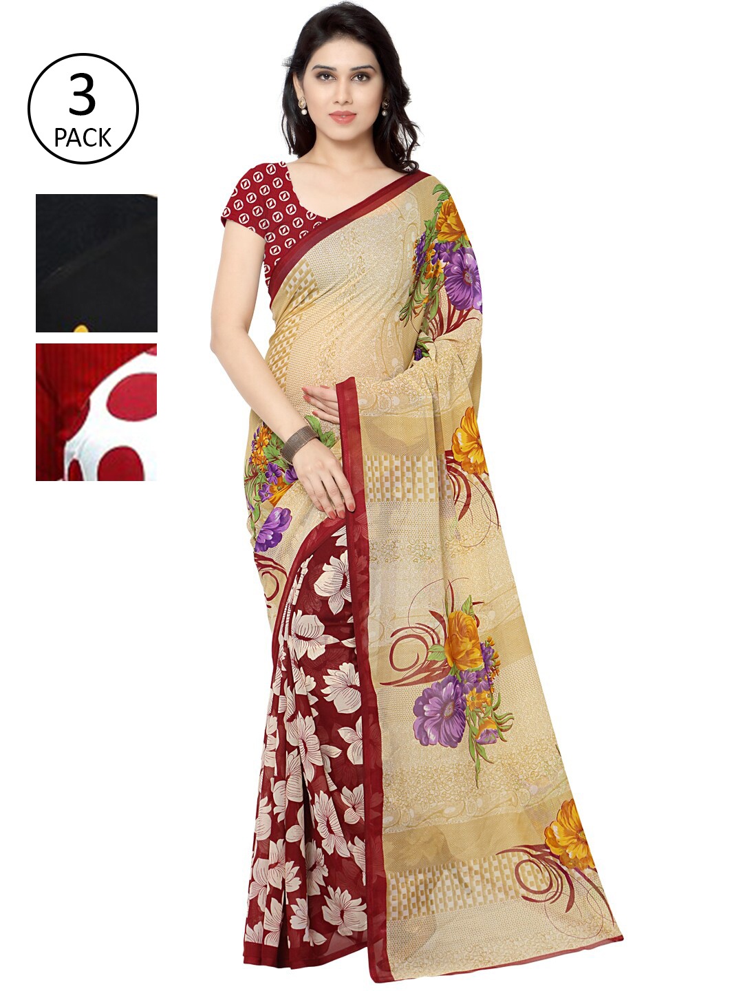 

KALINI Multicoloured Set of 3 Poly Georgette Saree, Multi