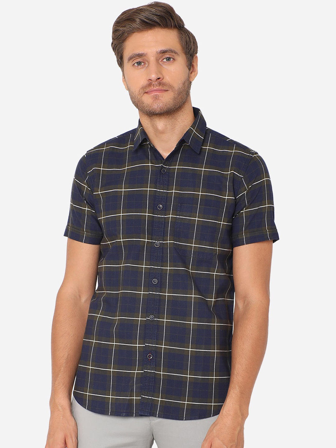 

JADE BLUE Men Blue & Olive Slim Fit Checked Cotton Casual Shirt