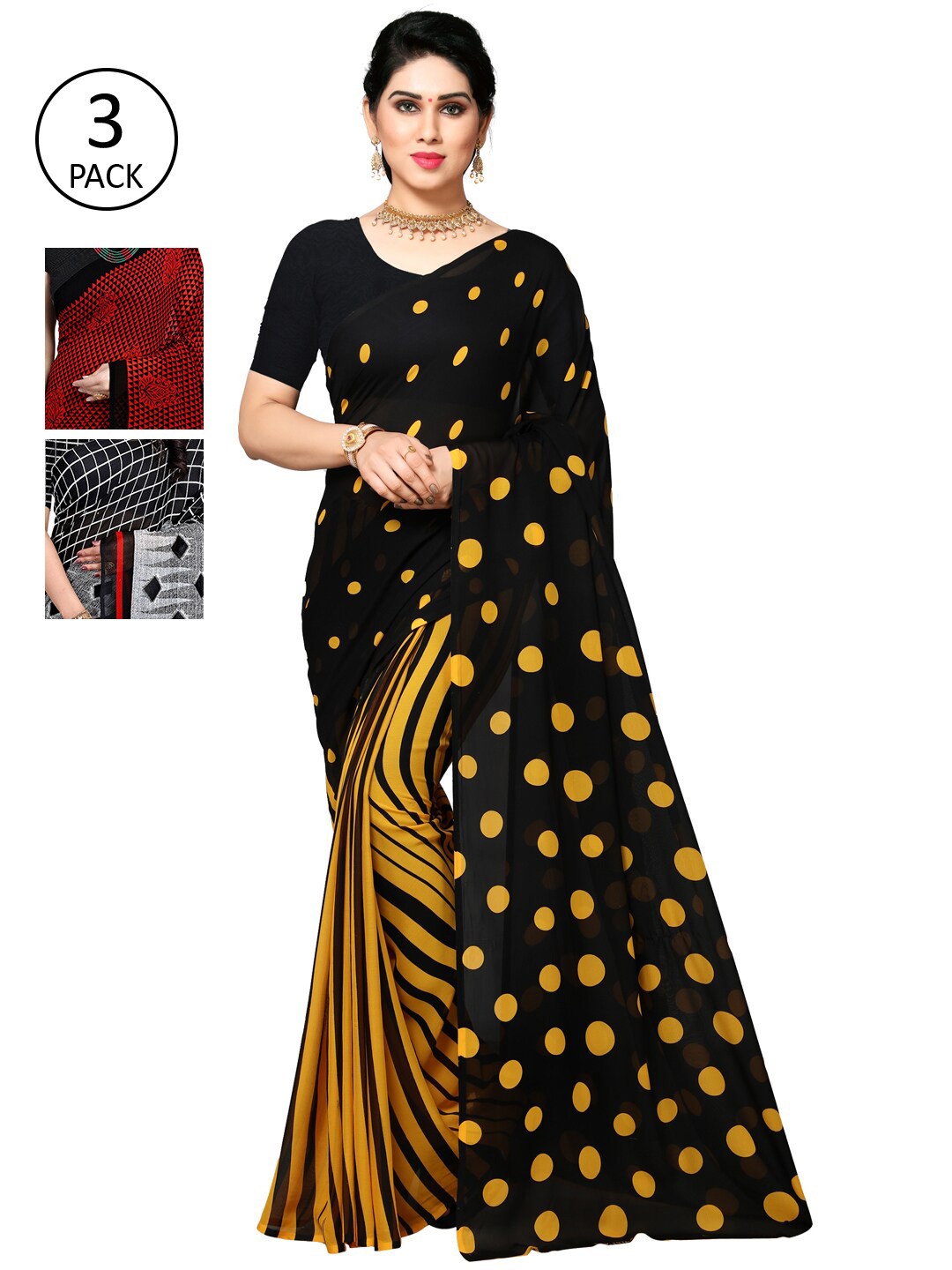 

KALINI Black & Yellow Pack of 3 Printed Saree