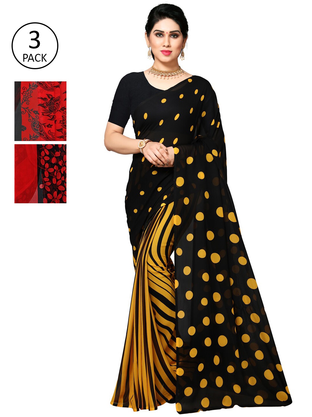 

KALINI Pack Of 3 Multicoloured Floral Poly Georgette Saree, Multi