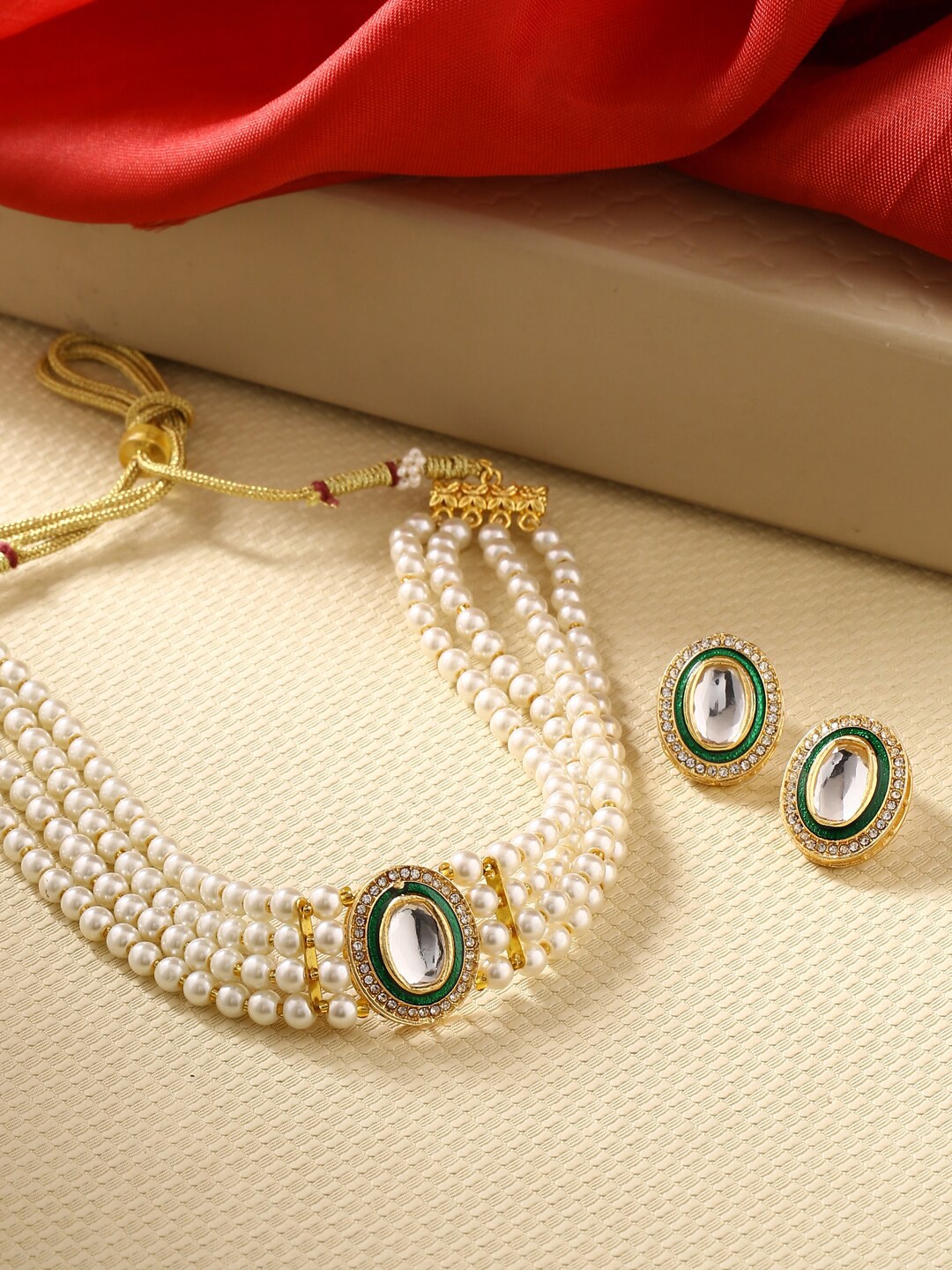 

Fabstreet Gold-Plated White & Green Kundan Studded & Pearl Beaded Handcrafted Jewellery Set