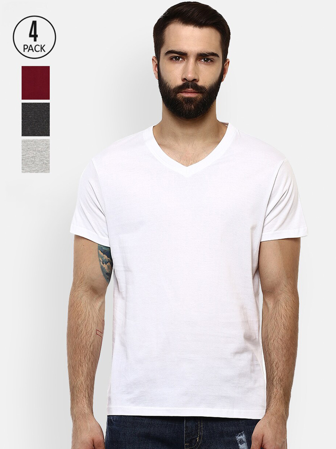 

Aventura Outfitters Men Set of 4 White & Grey V-Neck T-shirts
