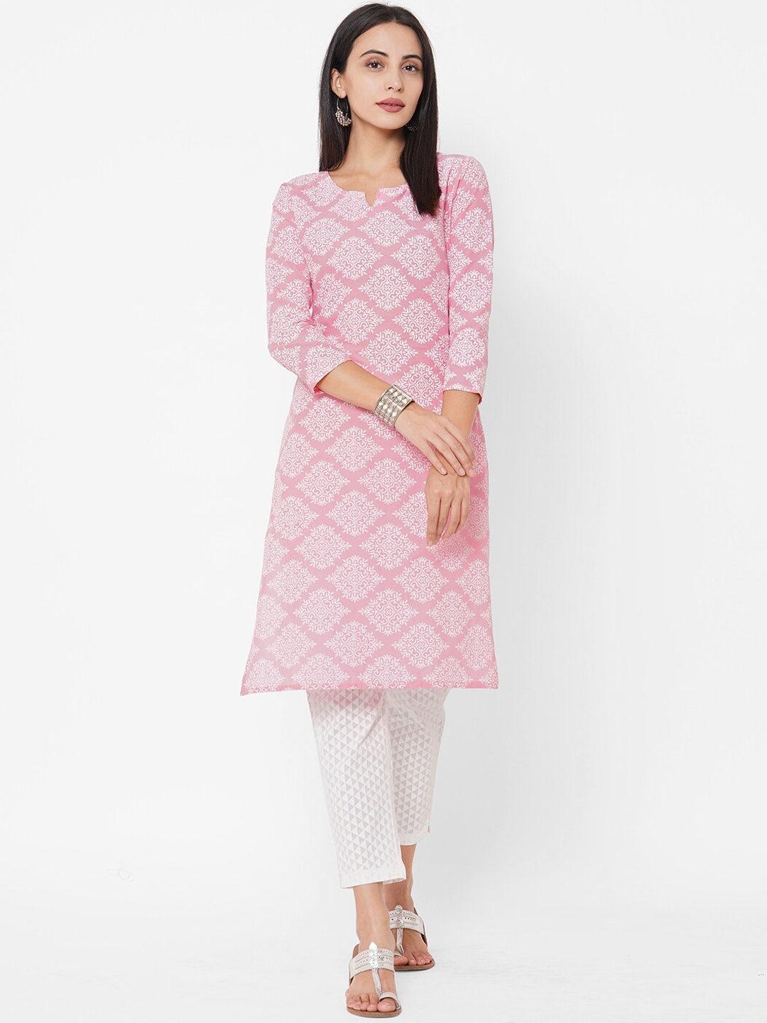 

FASHOR Women Pink Ethnic Motifs Printed Pure Cotton Kurta with Palazzos
