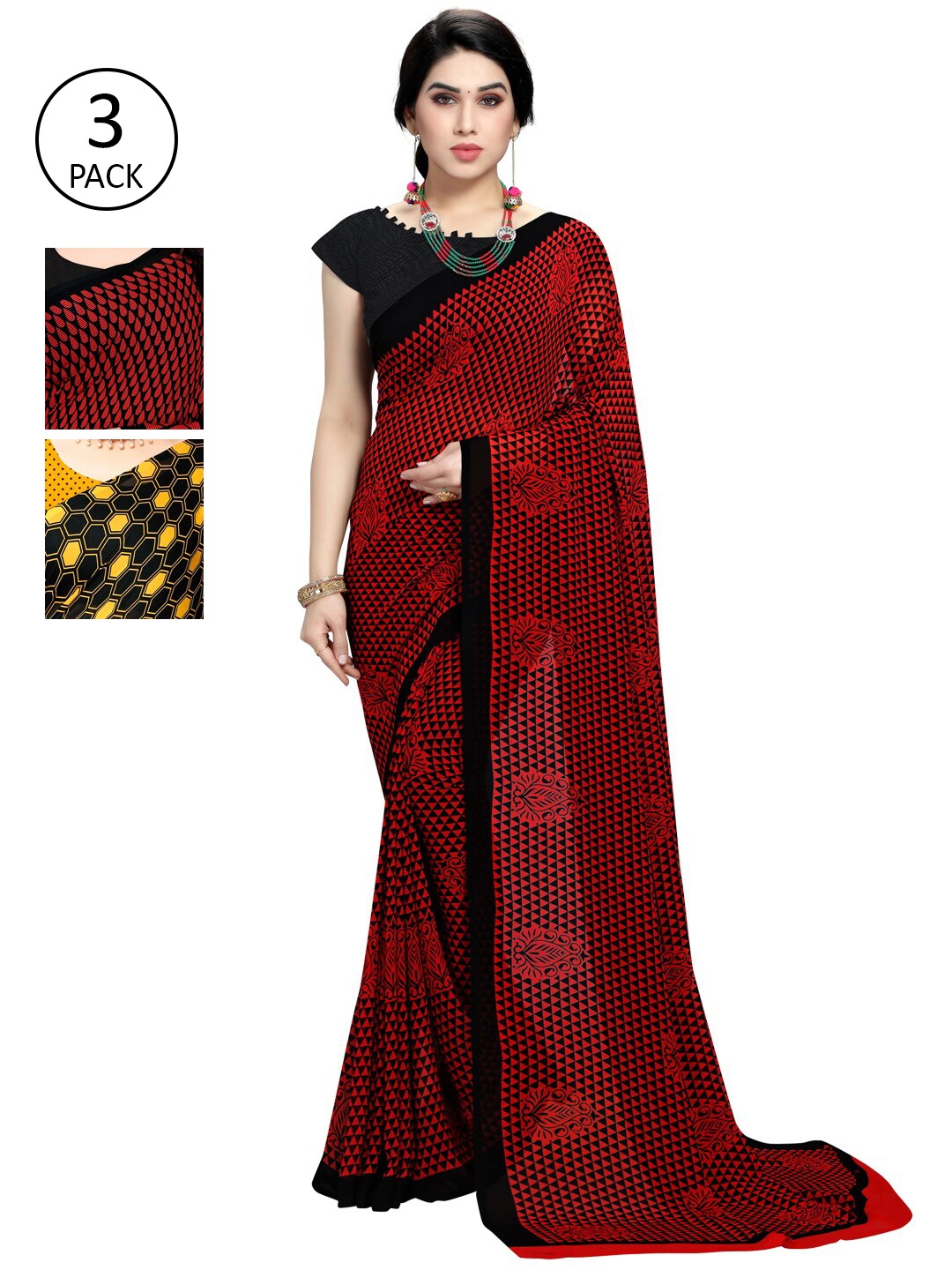 

KALINI Pack of 3 Mustard & Black Printed Saree