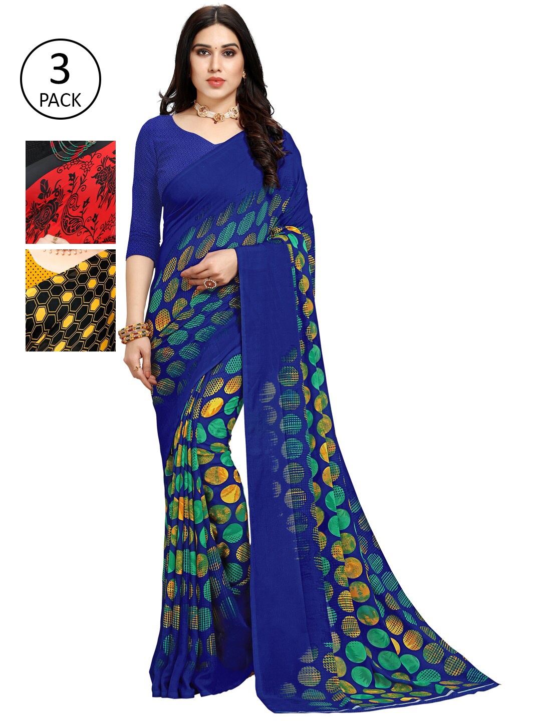 

KALINI Pack of 3 Poly Georgette Sarees, Yellow