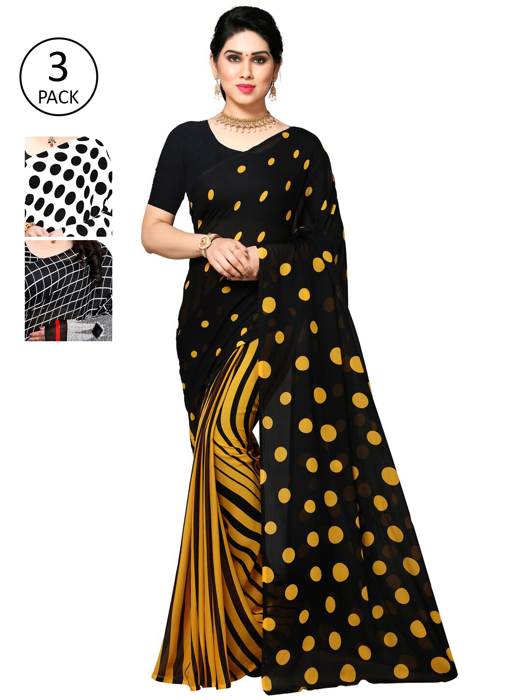 

ANAND SAREES Pack of 3 Poly Georgette Sarees, Black