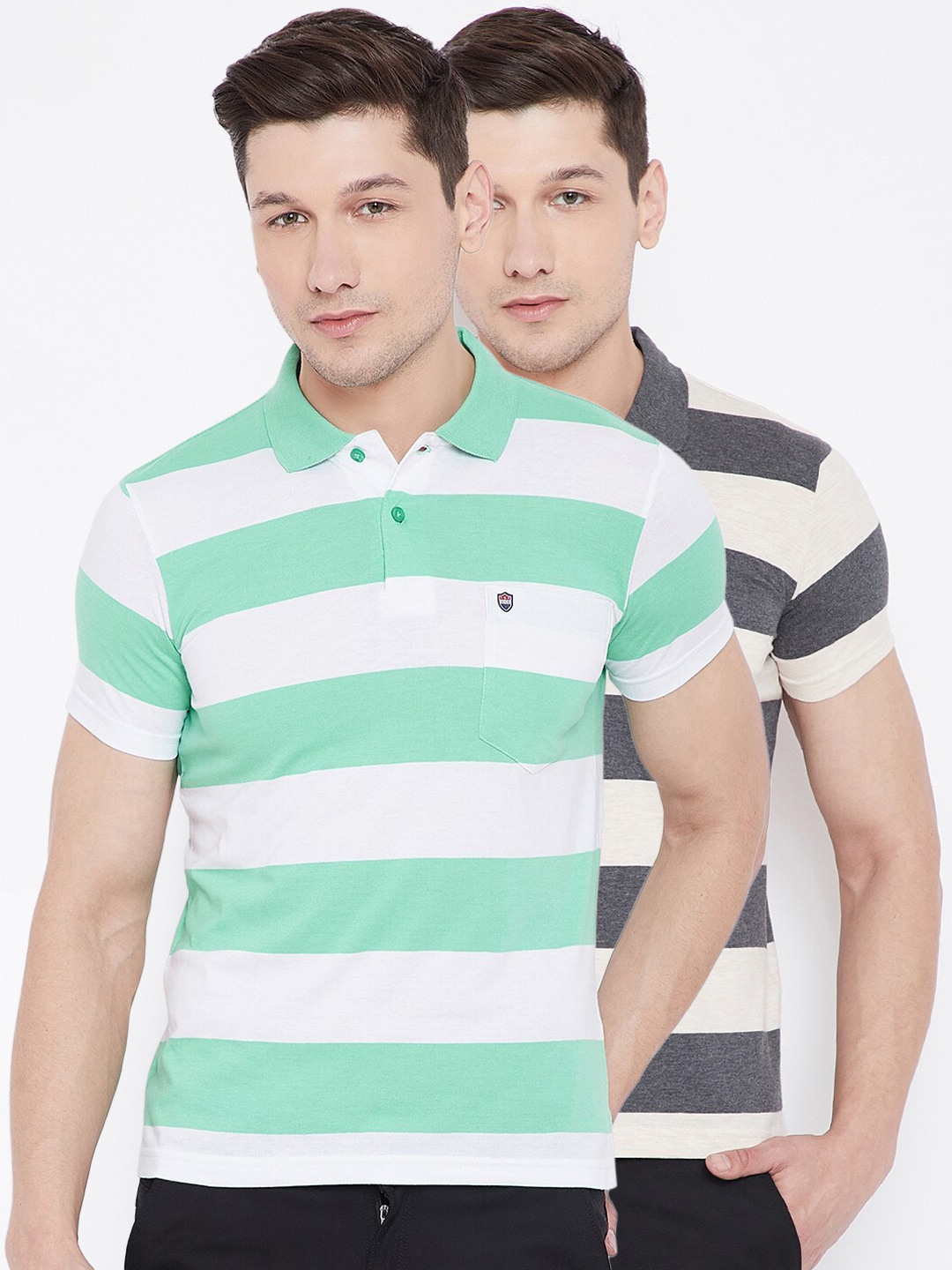 

Duke Men Green & Charcoal Grey 2 Striped Polo Collar Slim Fit Cotton T-shirts