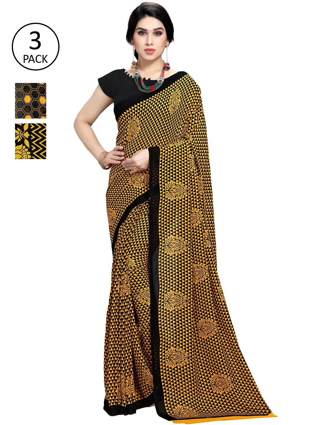 

KALINI Pack of 3 Poly Georgette Saree, Yellow