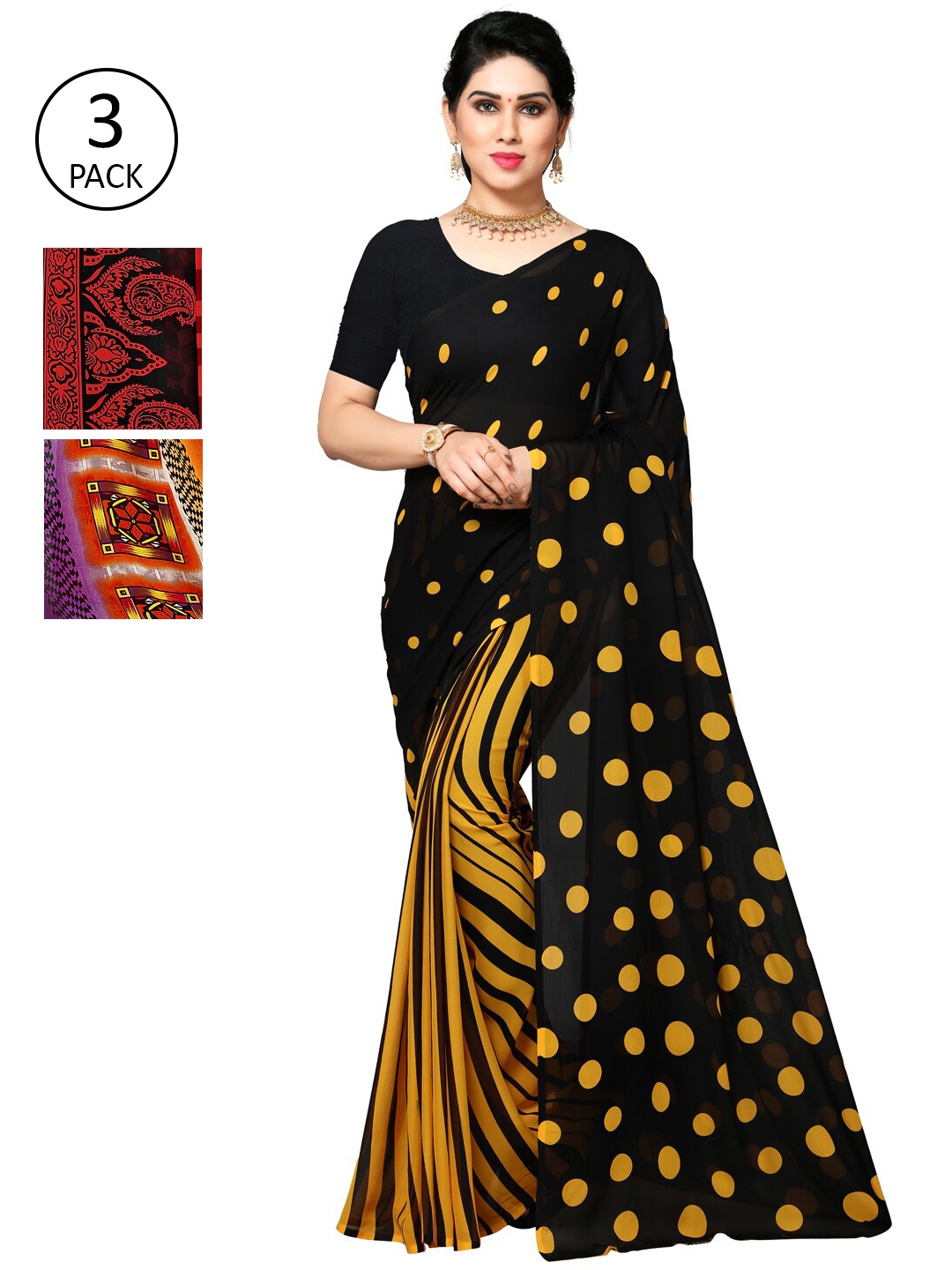 

KALINI Multicoloured Set of 3 Poly Georgette Saree, Multi