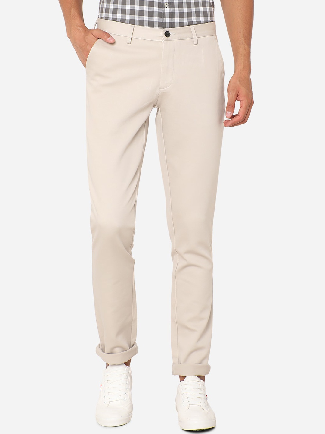 

JADE BLUE Men Beige Slim Fit Pure Cotton Regular Trousers