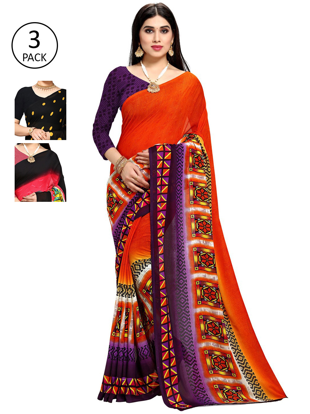 

KALINI Pack of 3 Poly Georgette Sarees, Yellow