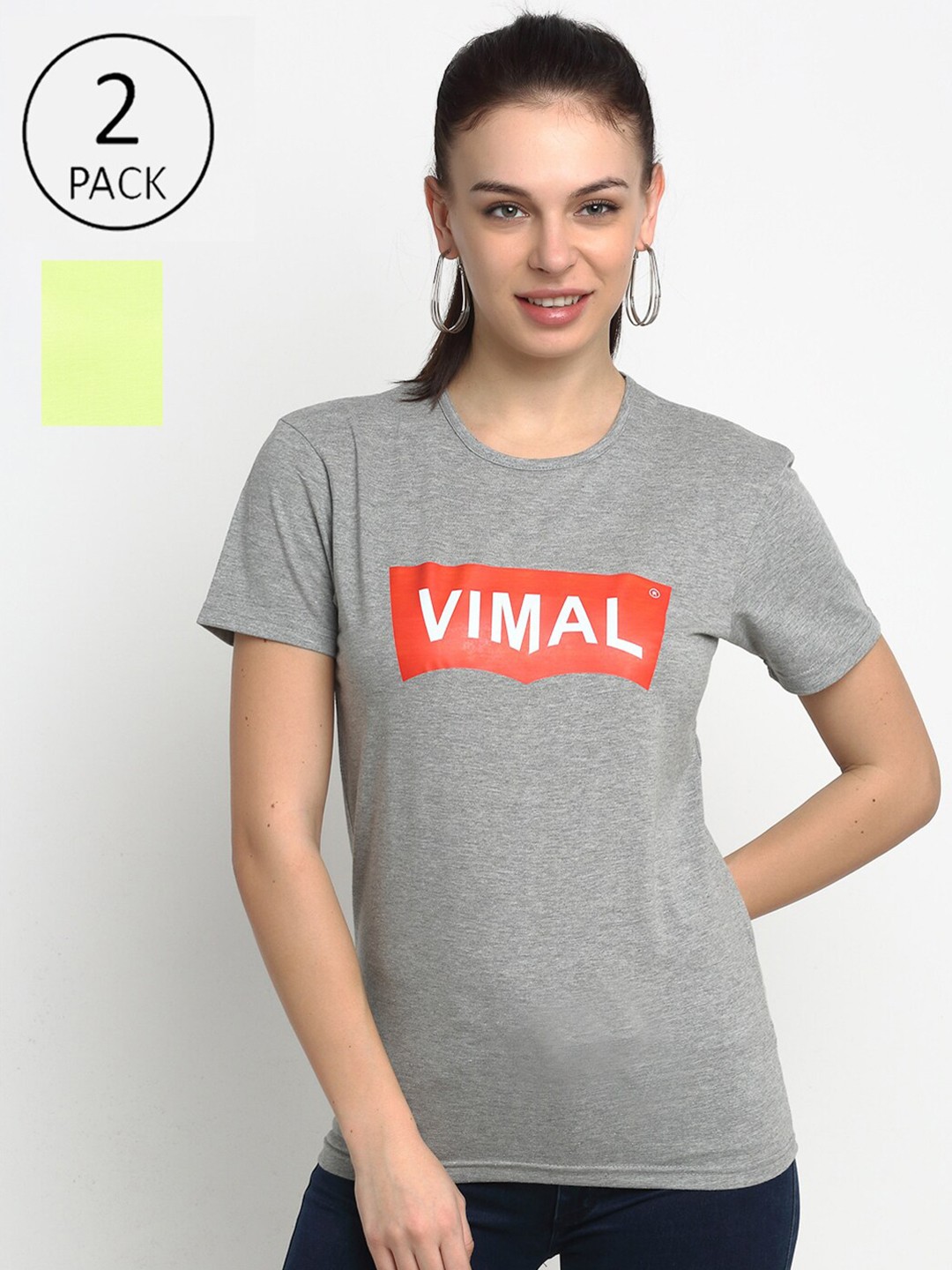 

VIMAL JONNEY Women Grey & Lime Green Pack of 2 Brand Logo Printed T-shirt