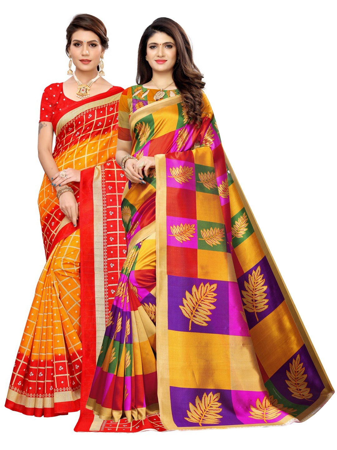 

KALINI Pack of 2 Poly Silk Saree, Red