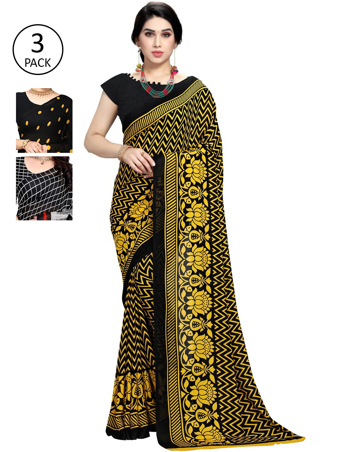

ANAND SAREES Yellow & Grey Pack of 3 Printed Saree