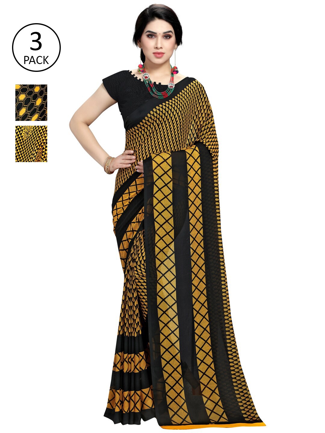 

KALINI Pack of 3 Poly Georgette Saree, Yellow