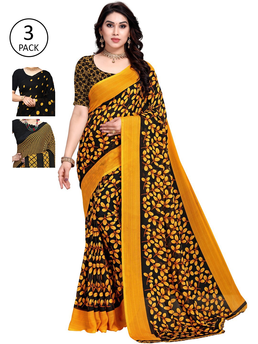 

KALINI Yellow & Black Pack of 3 Printed Saree