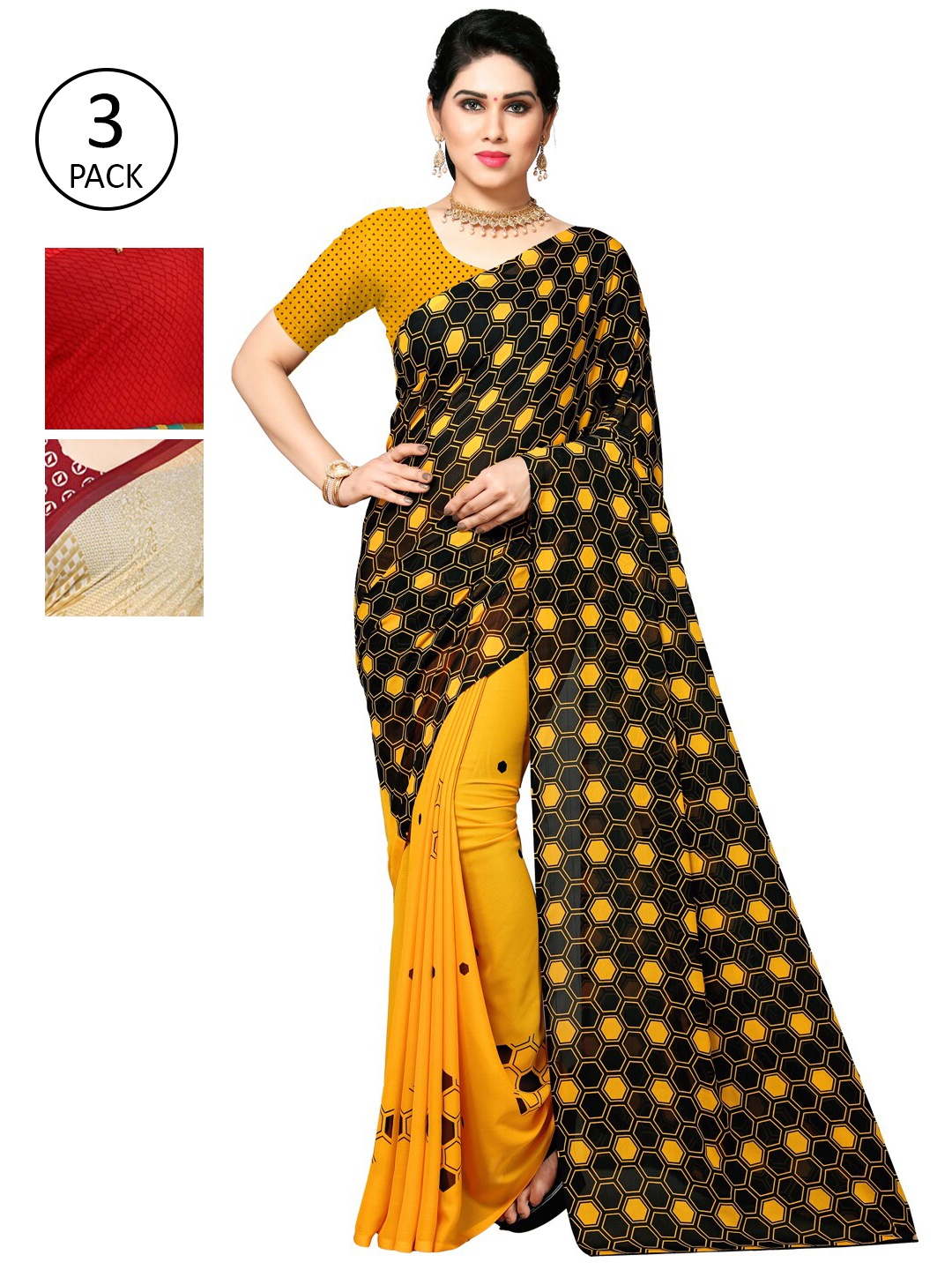 

KALINI Pack of 3 Poly Georgette Saree, Beige