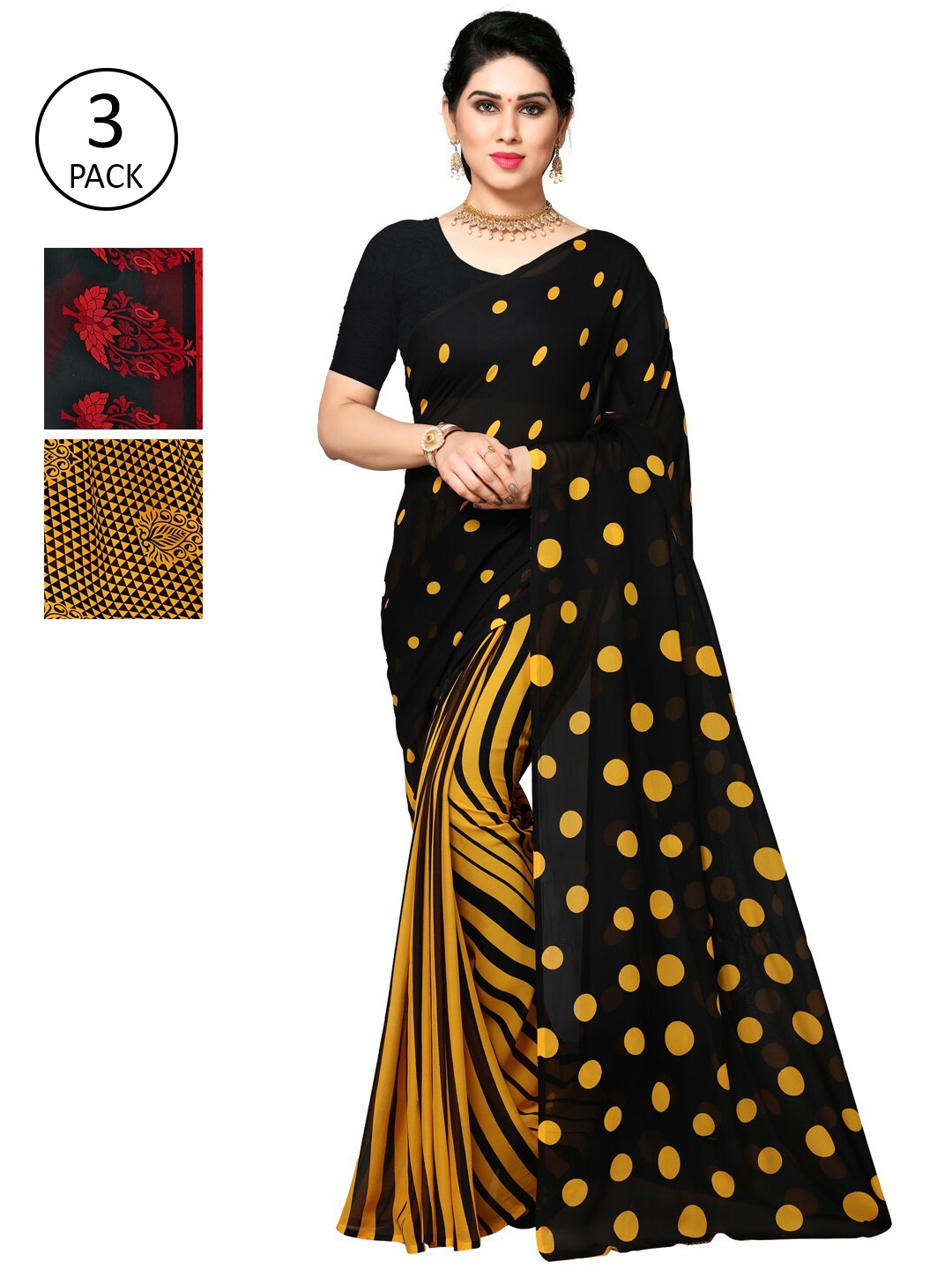 

KALINI Red & Black Pack of 3 Printed Saree