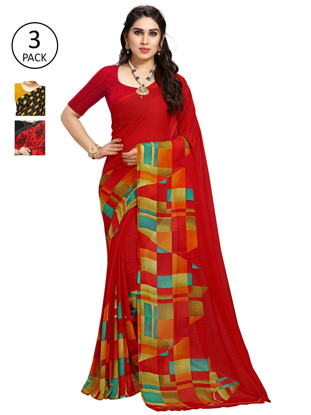 

KALINI Pack of 3 Poly Georgette Saree, Red