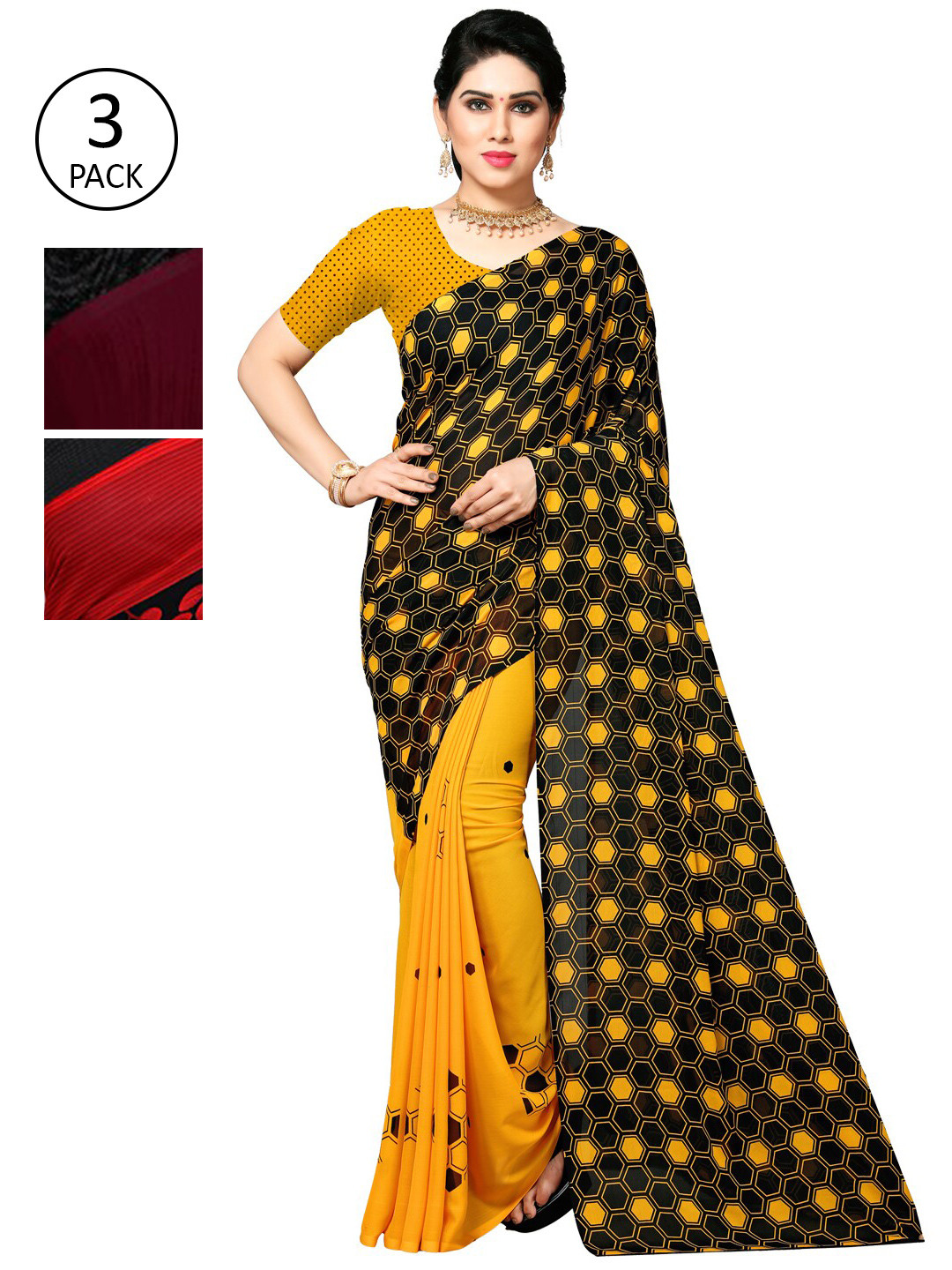 

KALINI Pack of 3 Printed Poly Georgette Saree, Multi