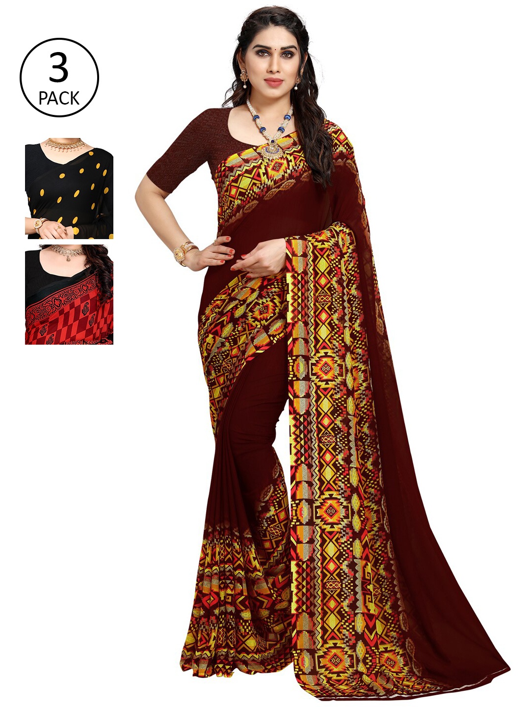

KALINI Pack of 3 Poly Georgette Printed Sarees, Mustard