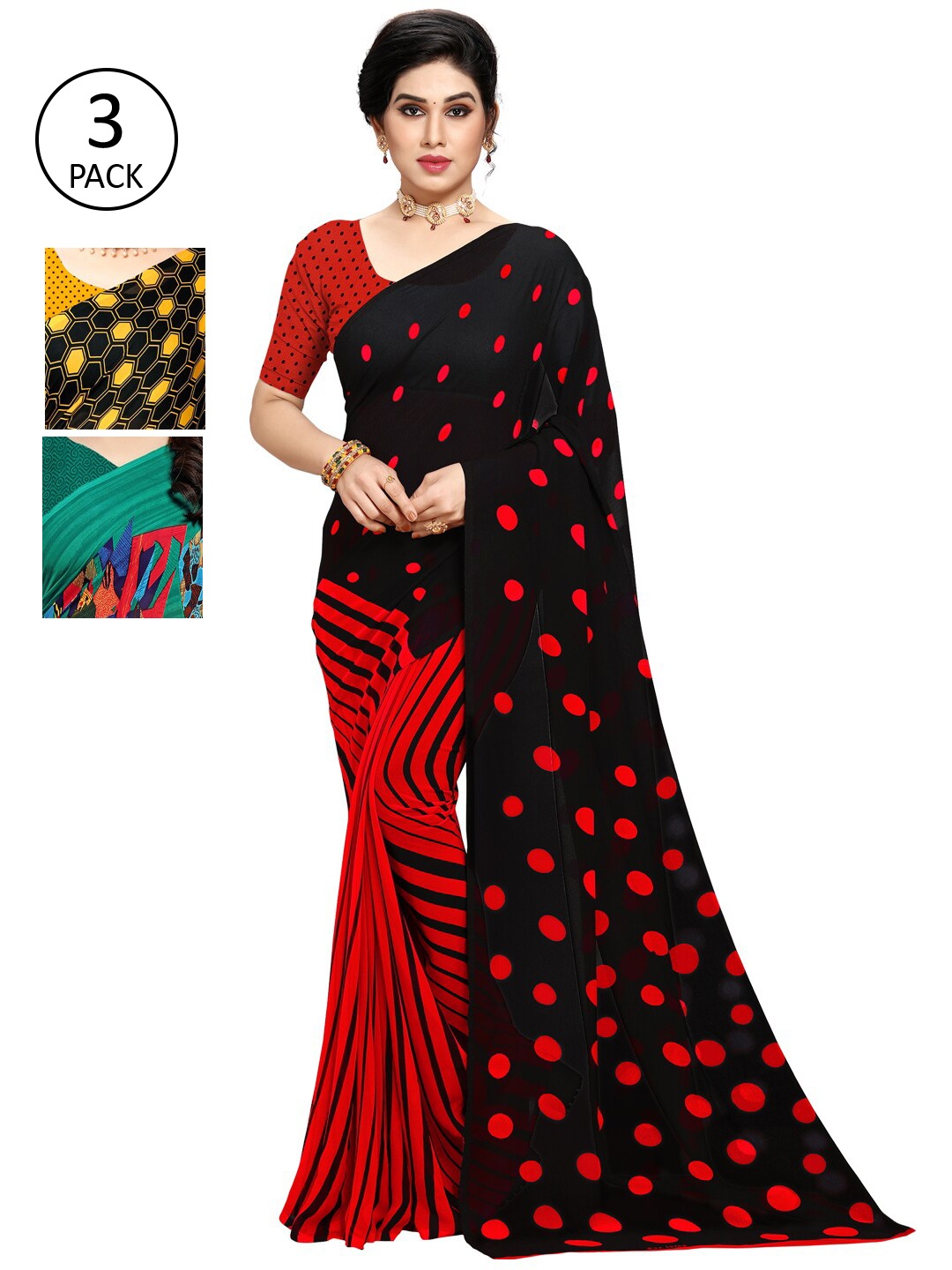 

KALINI Pack of 3 Cotton Blend Saree, Red
