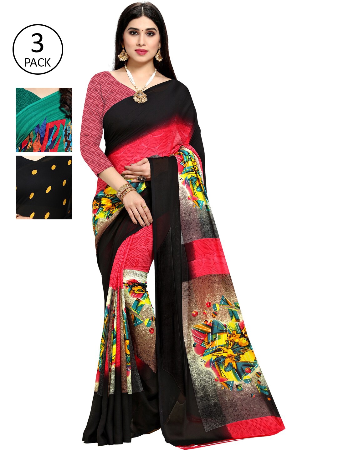 

KALINI Pack Of 3 Black & Yellow Poly Georgette Saree