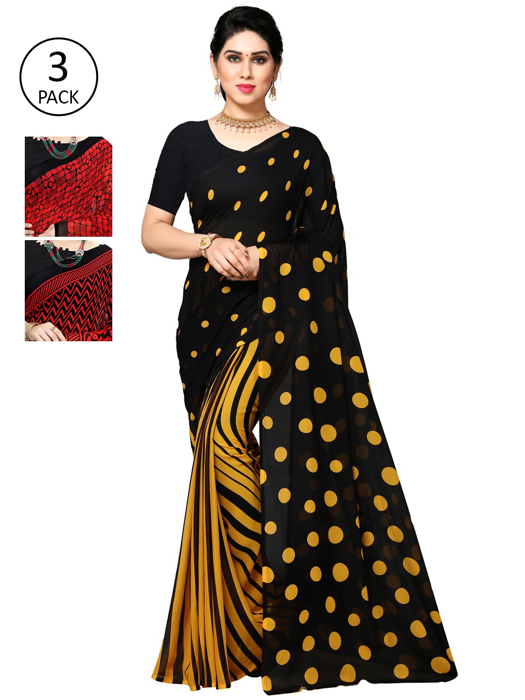 

KALINI Pack of 3 Poly Georgette Printed Sarees, Mustard