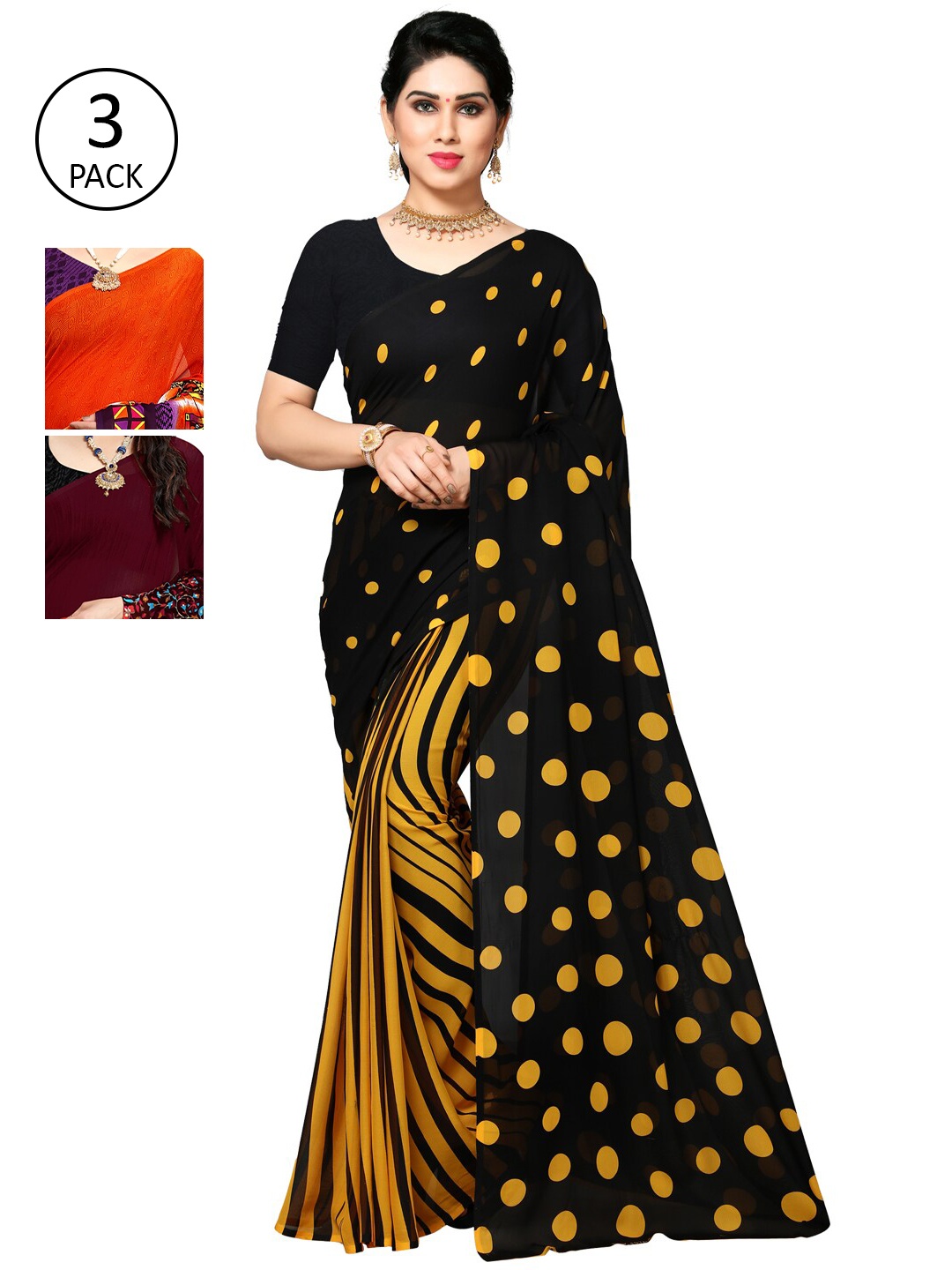 

KALINI Pack Of 3 Black & Orange Saree