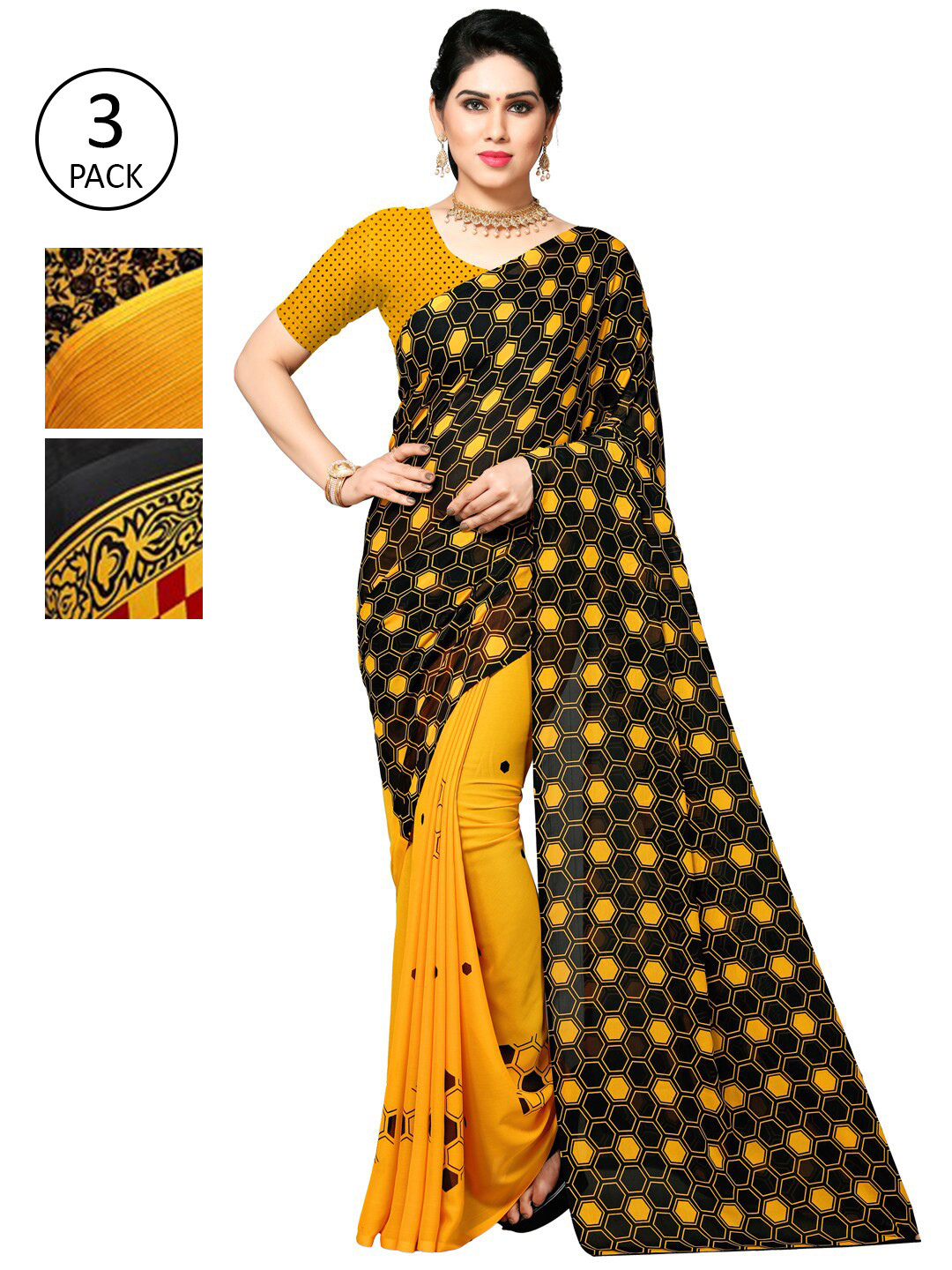 

KALINI Women Pack of 3 Printed Poly Georgette Sarees, Yellow