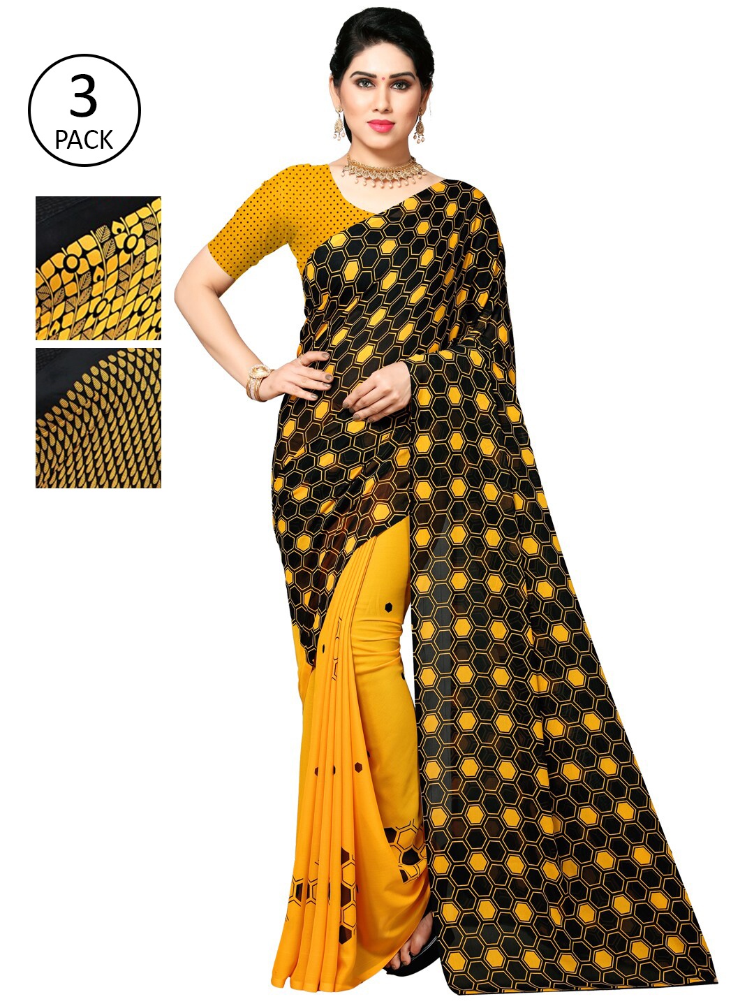 

KALINI Pack of 3 Poly Georgette Printed Sarees, Mustard