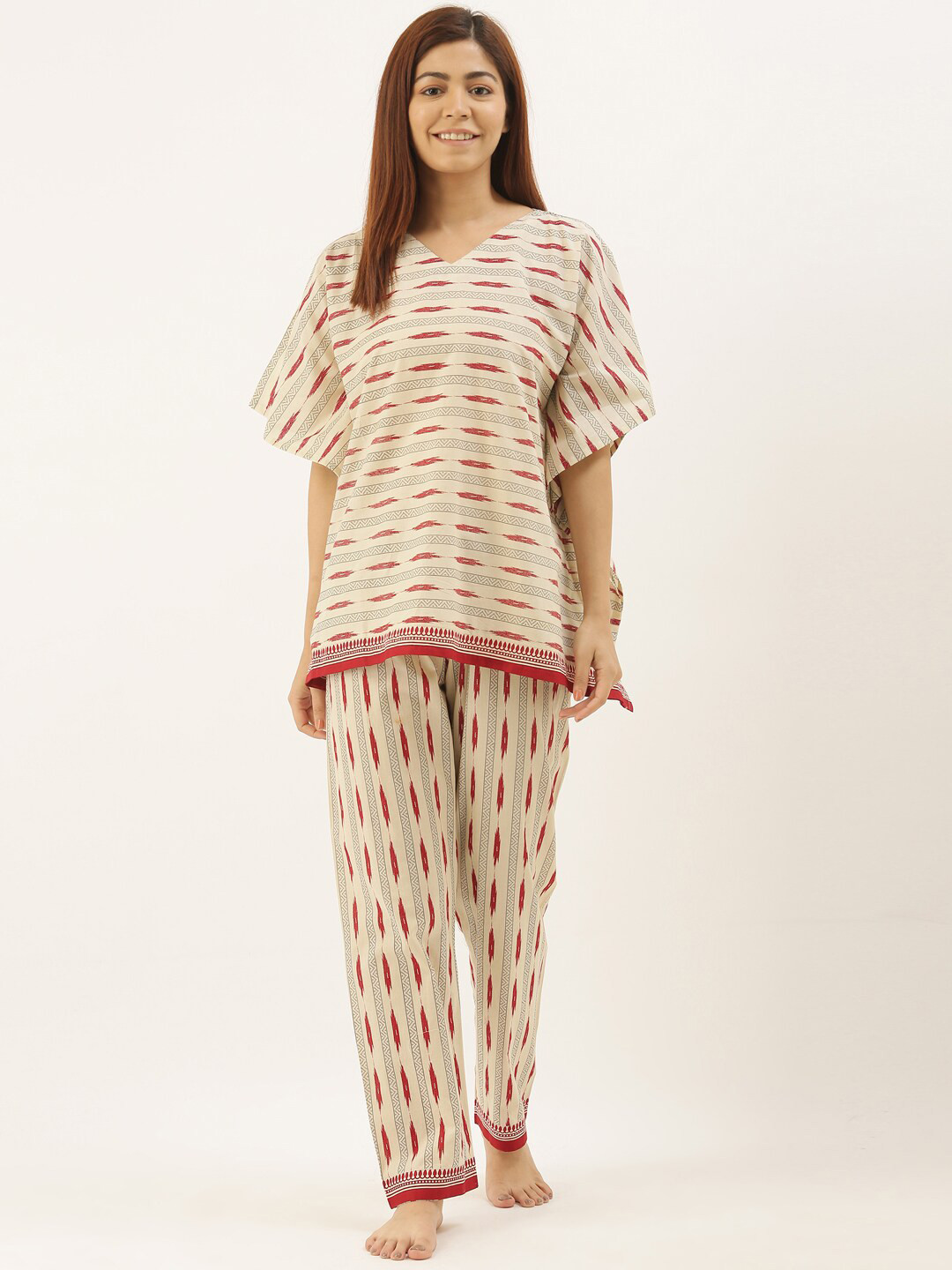 

Bannos Swagger Women Beige & Maroon Printed Cotton Night Suit