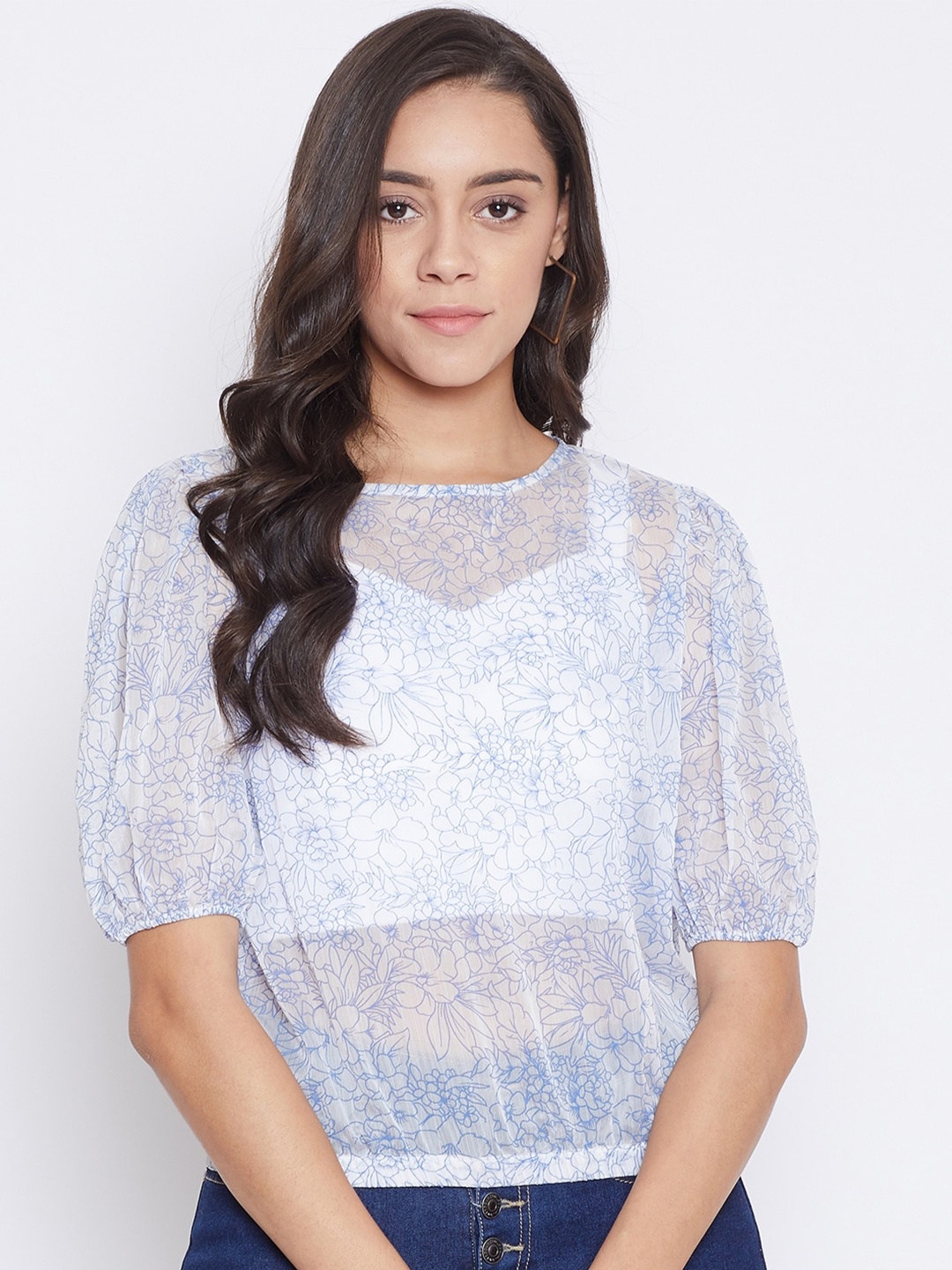 

Madame White Floral Puff Sleeve Georgette Blouson Sheer Top
