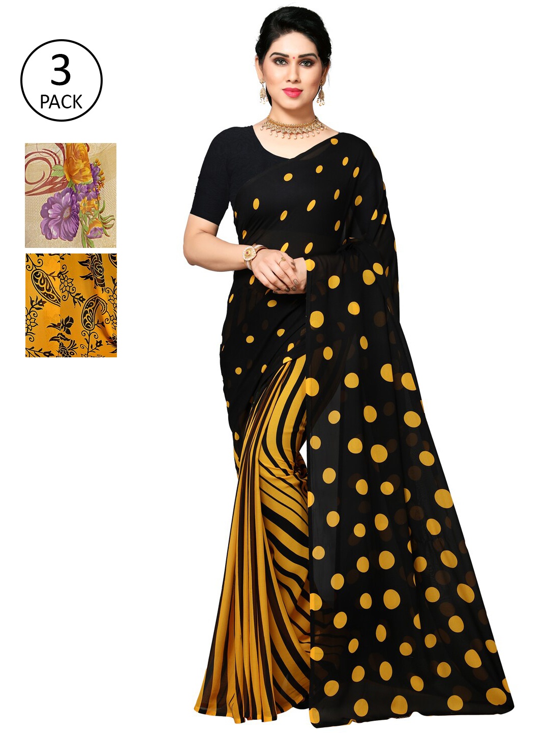 

KALINI Black & Yellow Pack of 3 Printed Saree