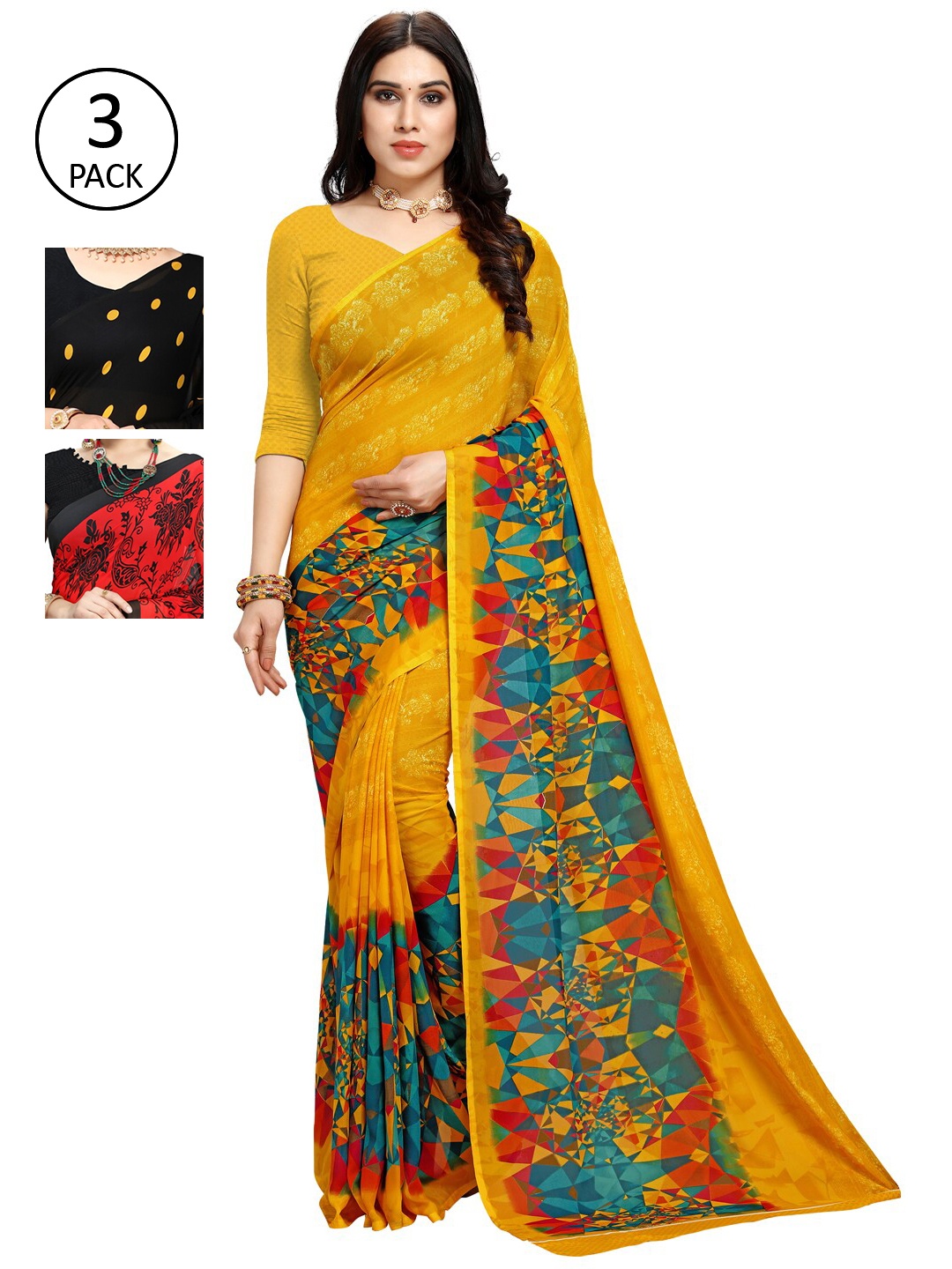 

KALINI Pack Of 3 Printed Sarees, Yellow