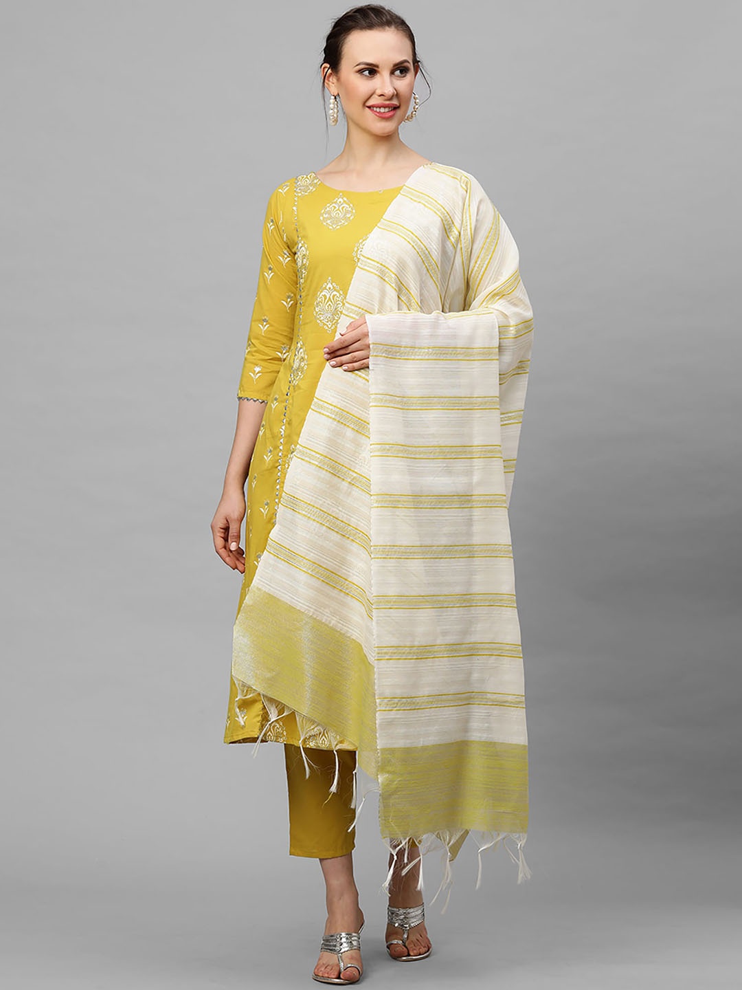 Indo Era Yellow Foil Printed Pure Cotton Kurta Trouser With Dupatta Set