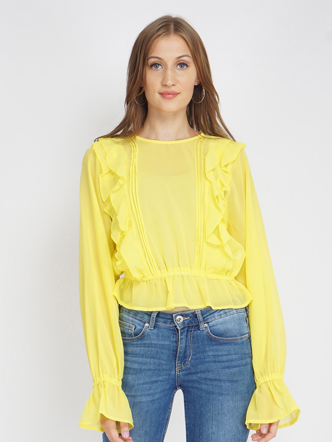 

Oxolloxo Women Yellow Ruffles Cinched Waist Top