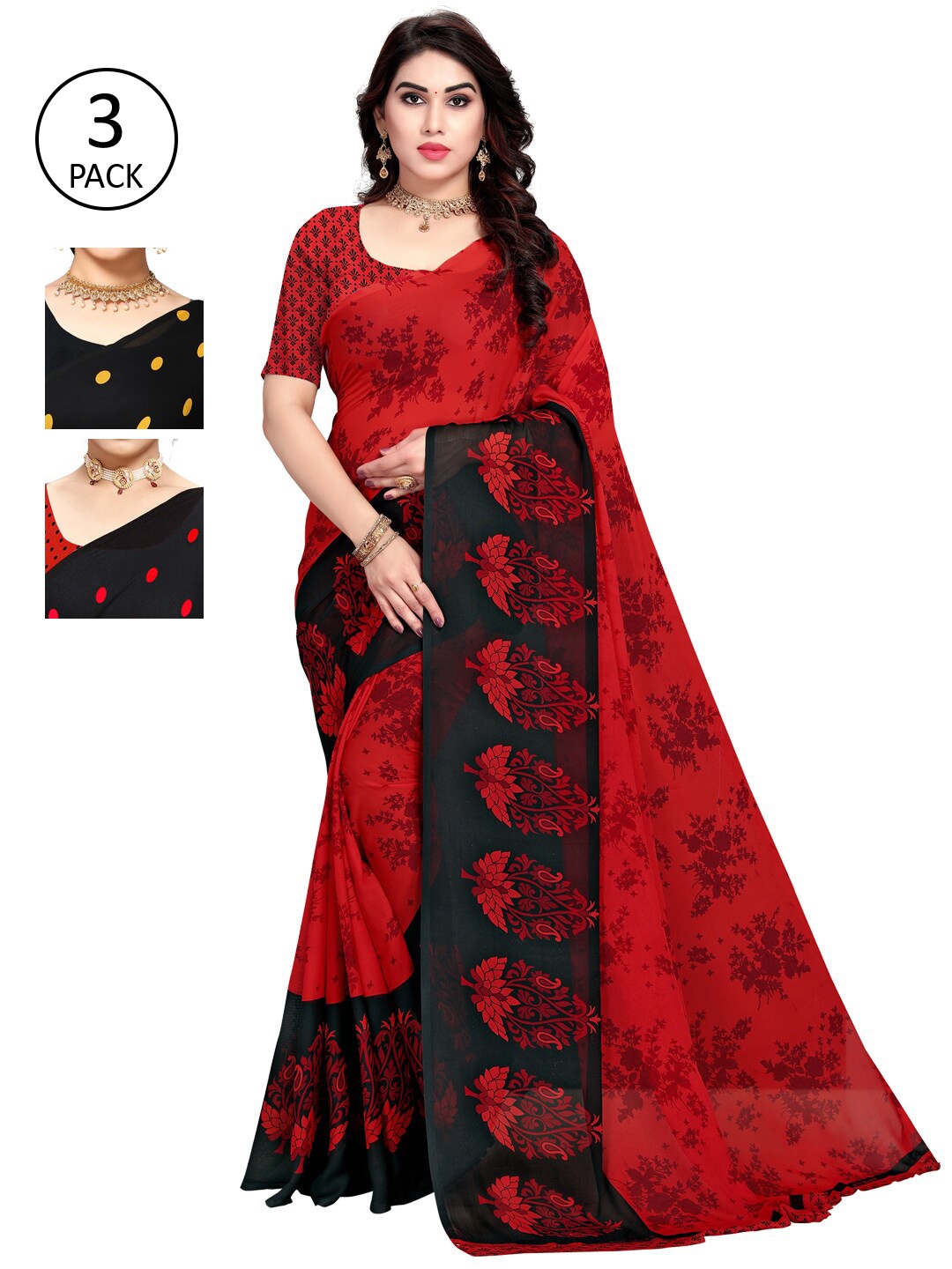 KALINI Pack of 3 Printed Poly Georgette Saree, Multi