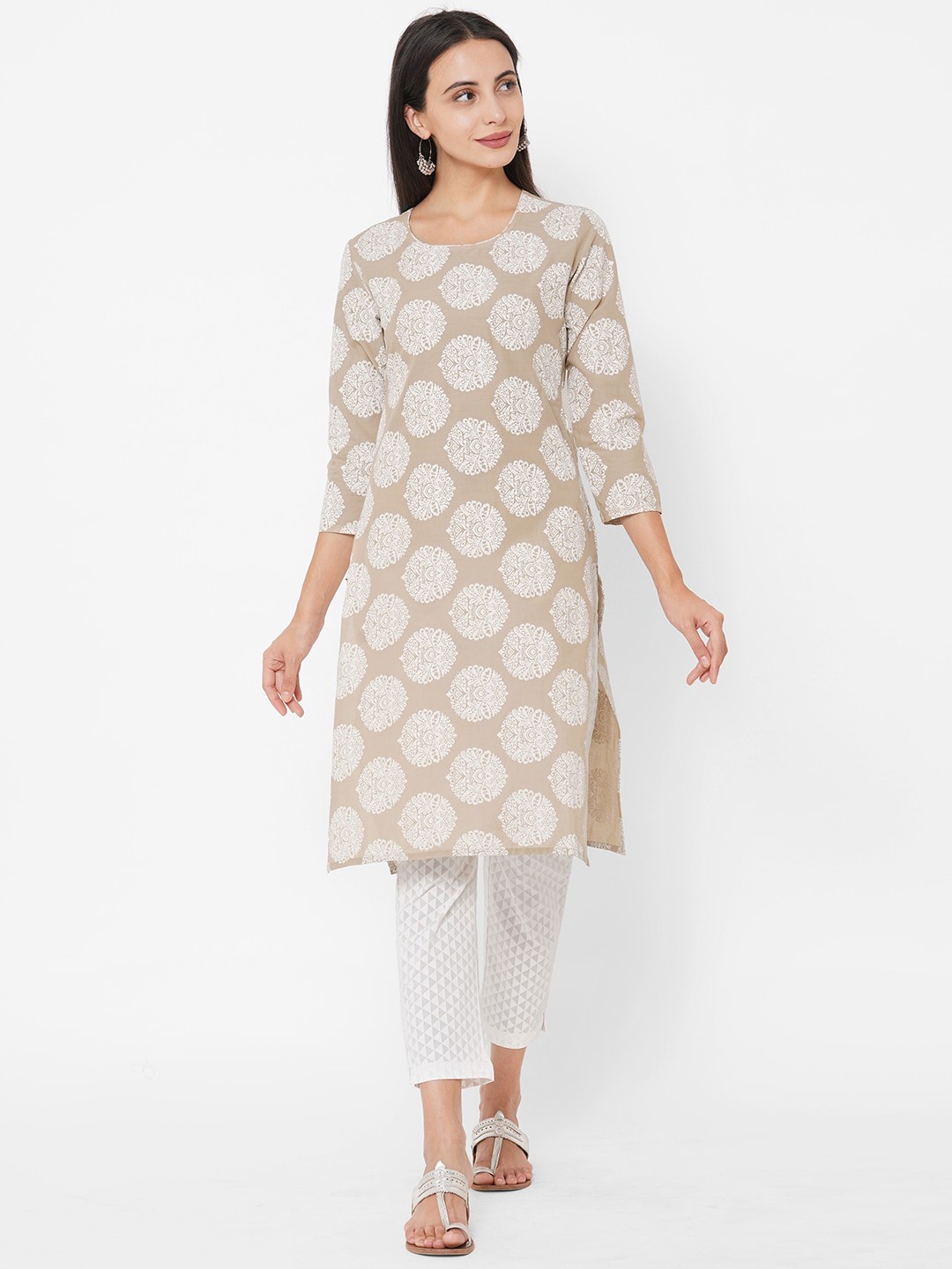 

FASHOR Women Beige Printed Pure Cotton Kurta with Trousers